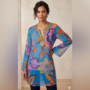 Colorful Floral Tunic or Beach Coverup with Gold Details